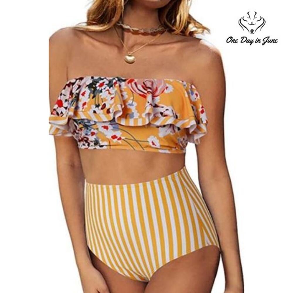 Ferbia Removable Strap Bandeau Bikini Swimsuit Size L